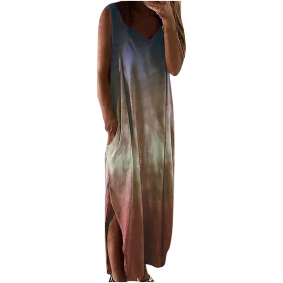 Womens Tie-dye Split Maxi Dresses Casual Summer Sleevesless Loose Long Maxi Tunic Tank Dress Boho Beach Swing Sundress