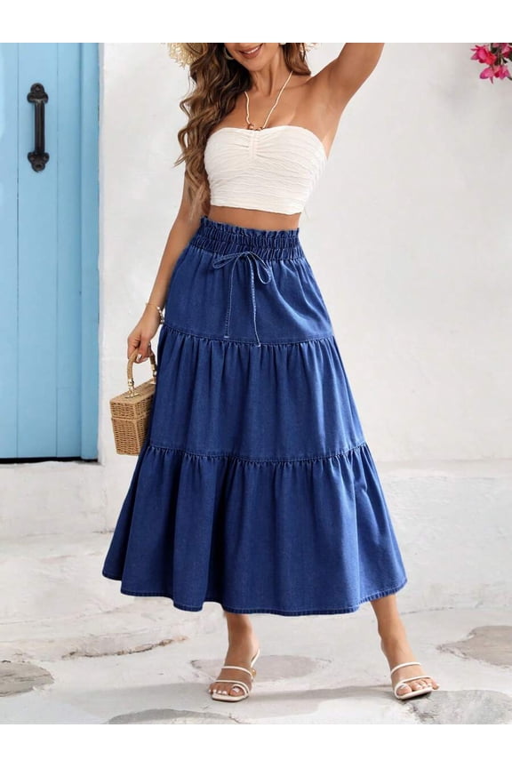 Womens Tiered Elastic Waist Denim Skirt Dark Wash Casual Maxi