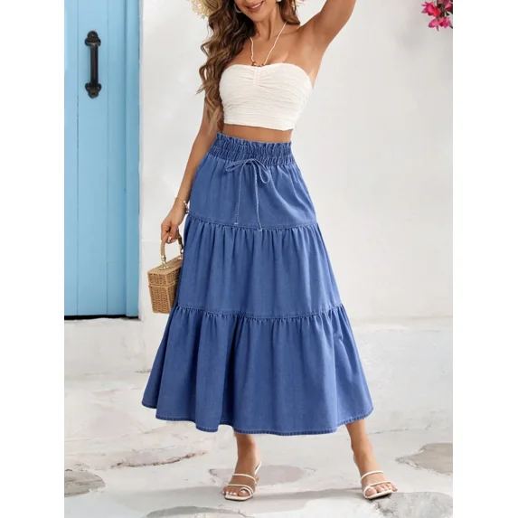Womens Tiered Elastic Waist Denim Skirt Medium Wash Casual Maxi