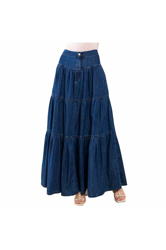 Womens Tiered Jean Skirts High Waist Ruffle Flare Long Maxi Denim Skirt with Pockets Dark Blue, S
