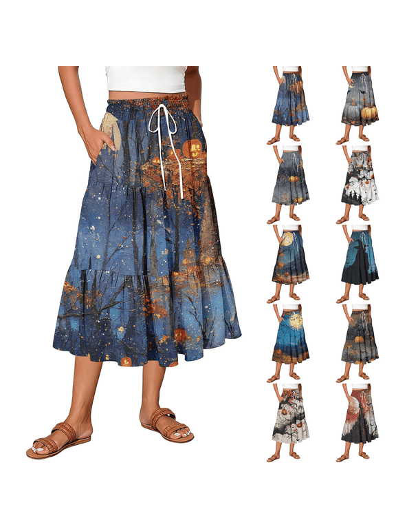 Womens Tiered Midi Skirt Starry Night Van Gogh Halloween Pumpkin Castle Print Elastic Pocket Skirt Dark Blue M