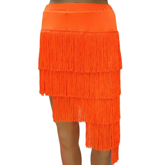 Womens Tiered Tassel Rhythm Latin Salsa Bachata Merengue Reggaeton Dance Rehearsal Skirt Orange