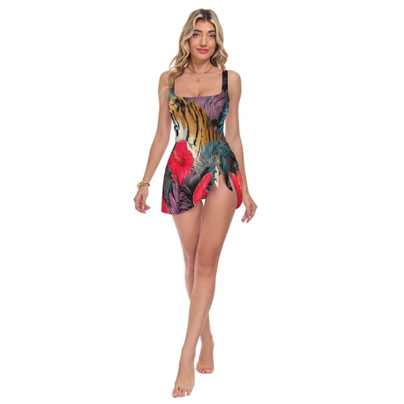 Womens Tiger Hibiscus Flower Pattern Print 2-in-1 Swim Dress Detachable Skirt One-Piece Swimsuit Square Neck S-XXL