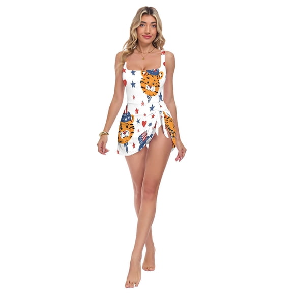 Womens Tiger Pattern Print 2-in-1 Swim Dress Detachable Skirt One-Piece Swimsuit Square Neck S-XXL