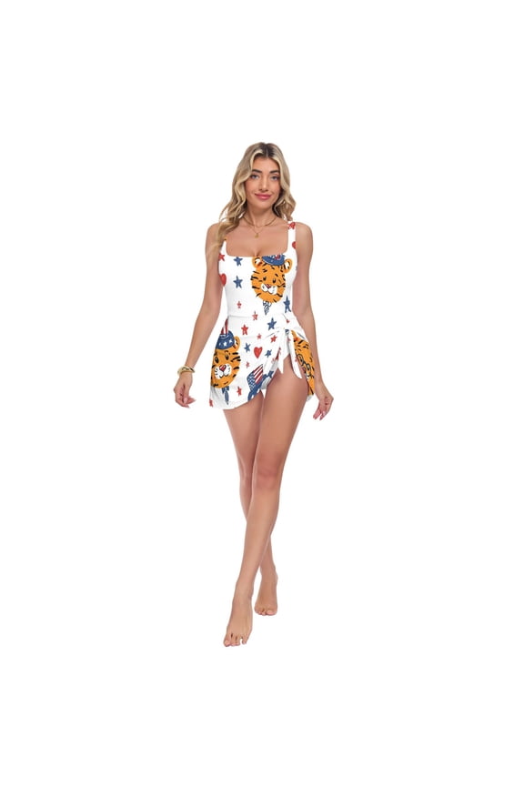 Womens Tiger Pattern Print 2-in-1 Swim Dress Detachable Skirt One-Piece Swimsuit Square Neck S-XXL