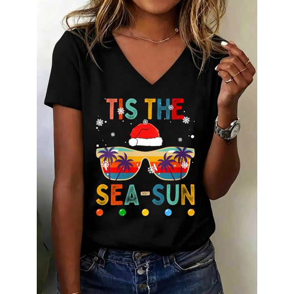Womens Tis The Sea-Sun Summer Christmas in July Men Women Kids V-Neck V Neck T-Shirt Cotton Women's V Neck Graphic Tee, Casual Short Sleeve Shirt,Vacation Outfit