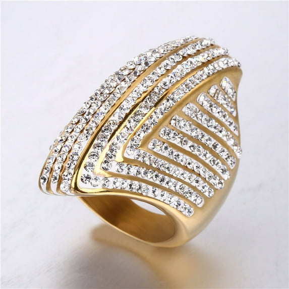 Womens Titanium Steel Ring with Rhinestones Natural Coin Design Full Diamond Clay Ring Electroplated Gold Jewelry Gift for Her Festival Jewelry