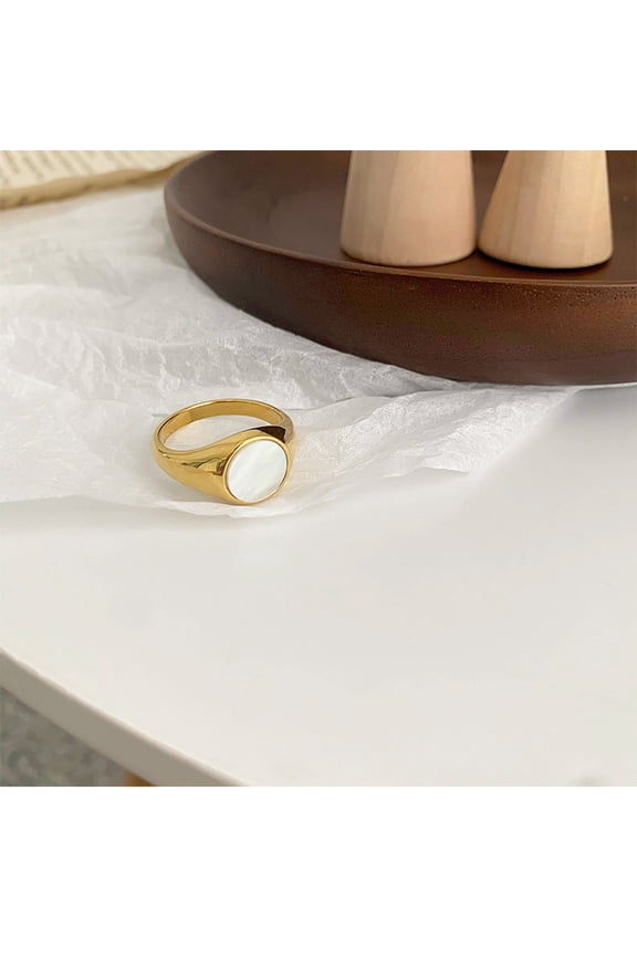 Womens Titanium Steel Ring Gold Plated Round Retro Geometric Shell Inlaid Durable Fashion Jewelry Elegant Ring