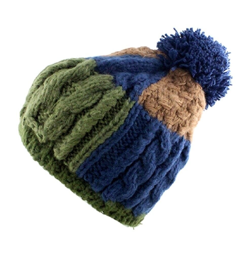Womens Toboggan Pom Pom Patch Knit Beanie Skully Hat Navy Blue Green or