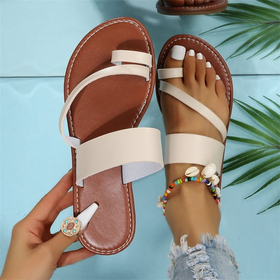 Womens Toe Loop Slide Sandals, Flat Open‑toe Slippers, PU Strappy Casual Summer Footwear, Lightweight Slip‑on Beach Sandals