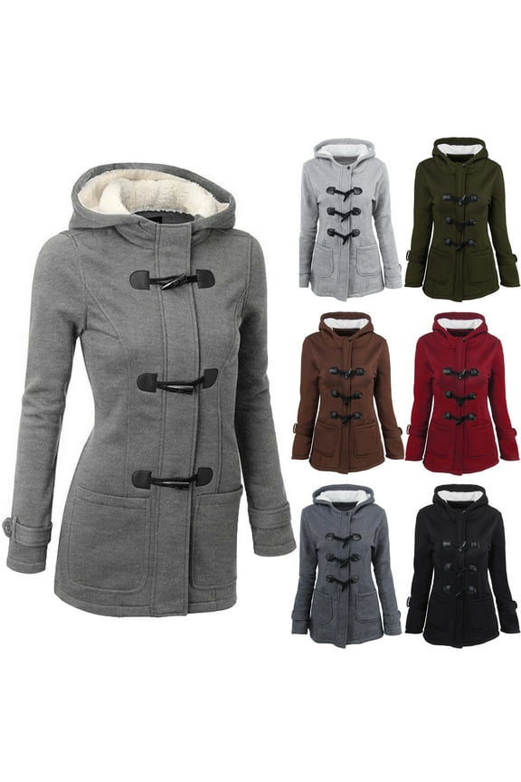 Womens Toggle Peacoat with Fleece Hood ,Horn Buttons Winter Pea Coats for Womens ,Long Sleeve Thicken Solid Padded Toggle Duffel Coat for Women Jacket Overcoat with Pockets