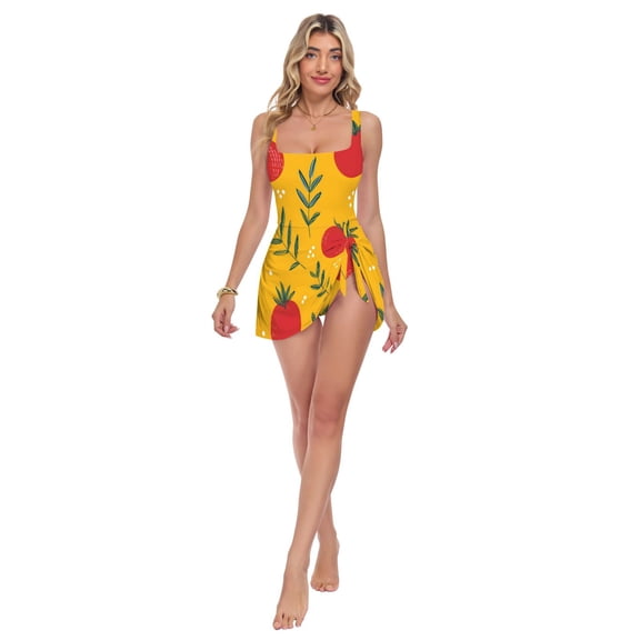 Womens Tomatoes Pattern Print 2-in-1 Swim Dress Detachable Skirt One-Piece Swimsuit Square Neck S-XXL