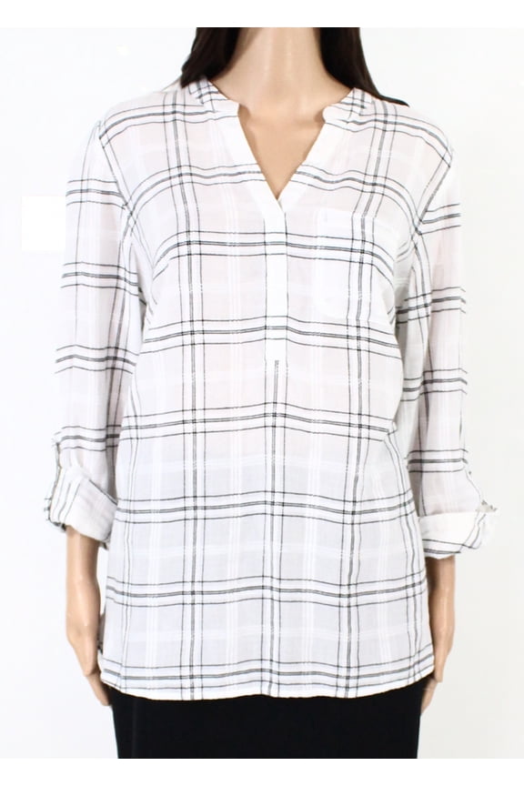 Womens Top Blue Plus Knit Plaid Split-Neck 2X