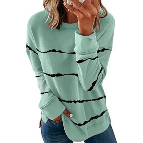 Womens Top Casual Crew Neck Sweatshirt Solid Stripe Long Sleeve Loose Pullover