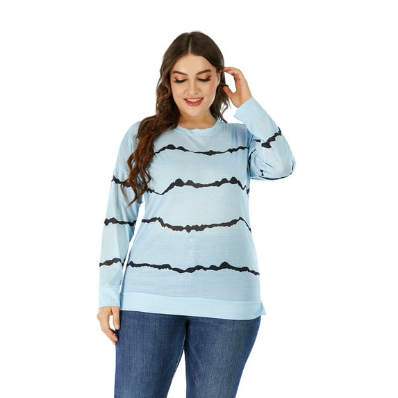 Womens Top Casual Crew Neck Sweatshirt Solid Stripe Long Sleeve Loose Pullover
