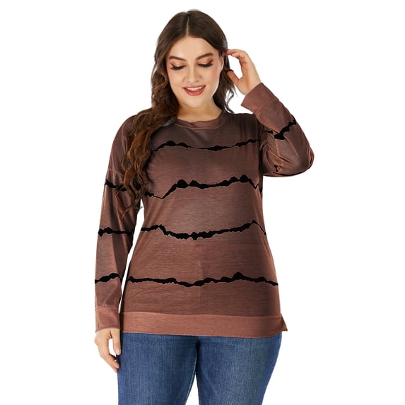 Womens Top Casual Crew Neck Sweatshirt Solid Stripe Long Sleeve Loose Pullover