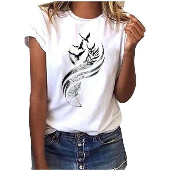 Tbopshirt Womens Top Fashion Women Short Sleeve T-Shirt Feather Print Casual Top Tee Blouse