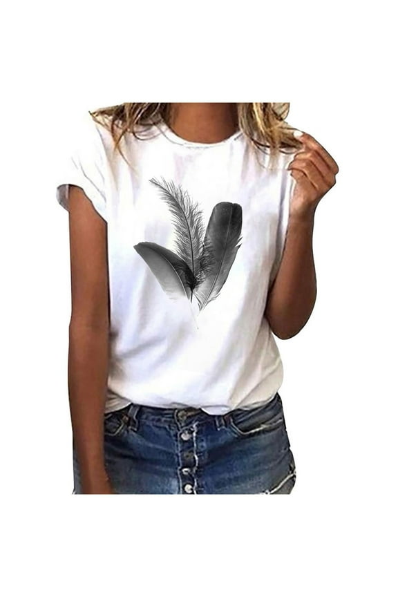 Womens Top Fashion Women Short Sleeve T-Shirt Feather Print Casual Top Tee Blouse