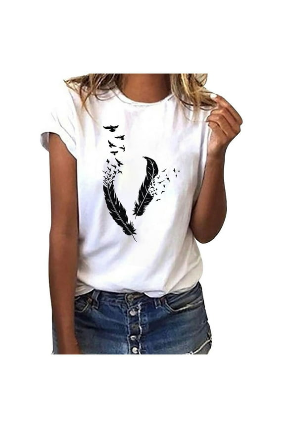 Womens Top Fashion Women Short Sleeve T-Shirt Feather Print Casual Top Tee Blouse