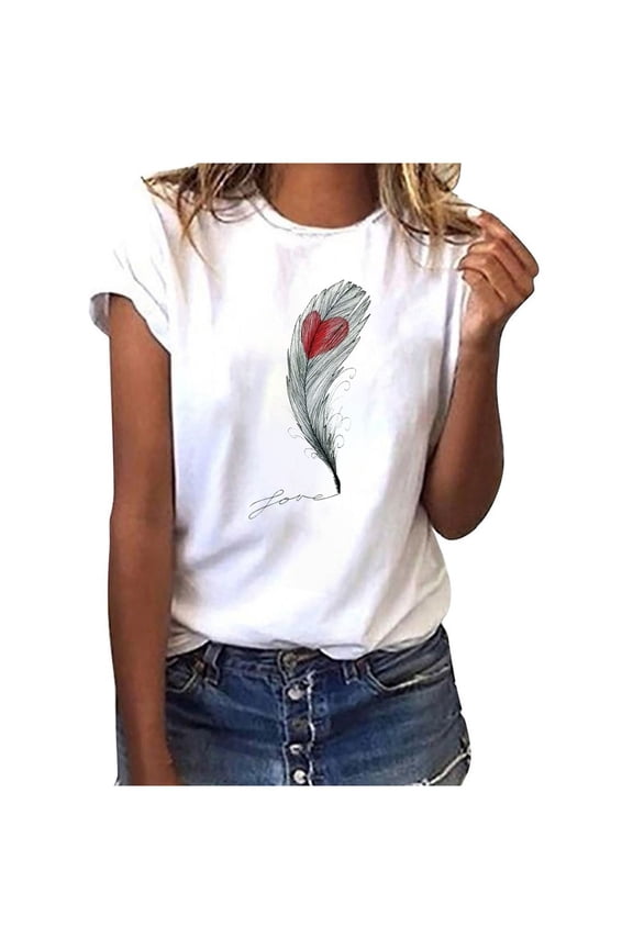 Womens Top Fashion Women Short Sleeve T-Shirt Feather Print Casual Top Tee Blouse