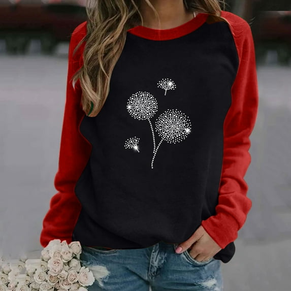 Tbopshirt Womens Top Fashion Women's Spring Fall Color Matching Long Sleeves Round Neck Loose Casual Tee Tops