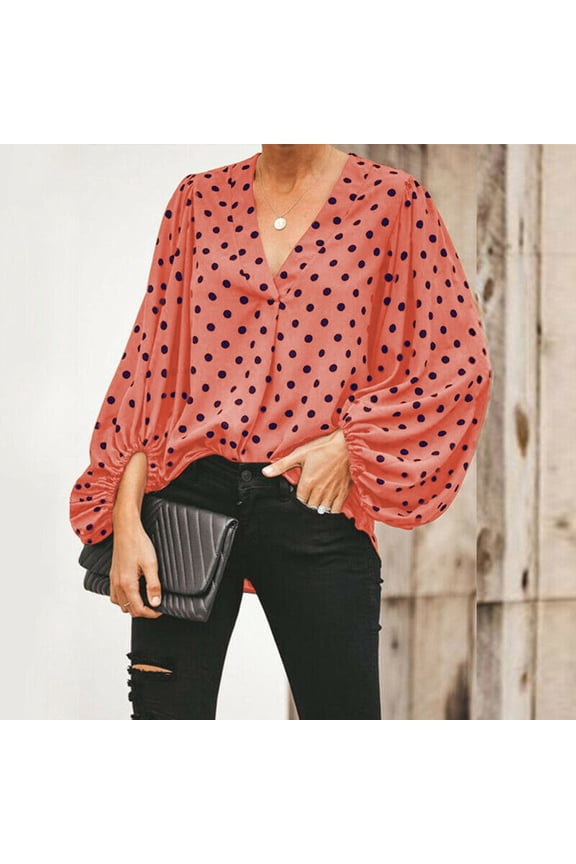 Womens Top Ladies Fashion V-Neck Wave Point Chiffon Strip Long Sleeve Casual Shirt Top