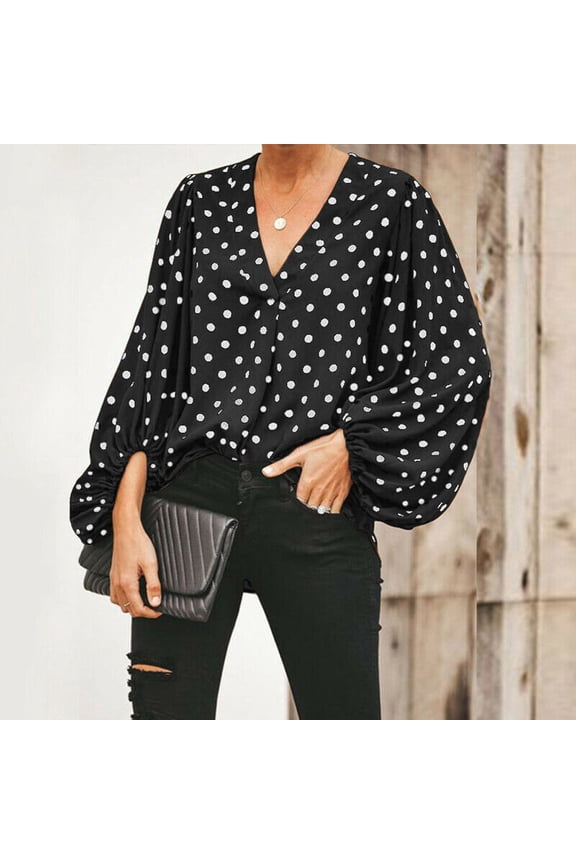Womens Top Ladies Fashion V-Neck Wave Point Chiffon Strip Long Sleeve Casual Shirt Top