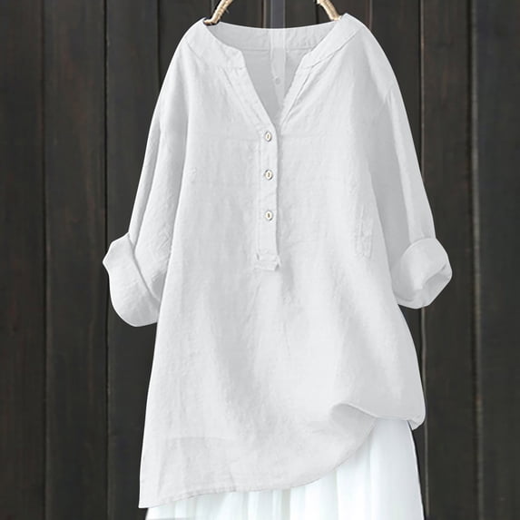 Tbopshirt Womens Top Tops for Women,Women's V-Neck Long Sleeve Loose Button Cotton And Linen Tunic Shirts Summer Shirts Blouse
