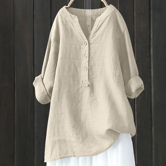 Tbopshirt Womens Top Tops for Women,Women's V-Neck Long Sleeve Loose Button Cotton And Linen Tunic Shirts Summer Shirts Blouse