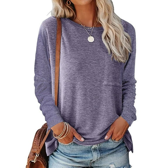 Tbopshirt Womens Top Women Casual Soild O-Neck T-Shirt Loose Long Sleeve Tops Pockets Solid Blouse