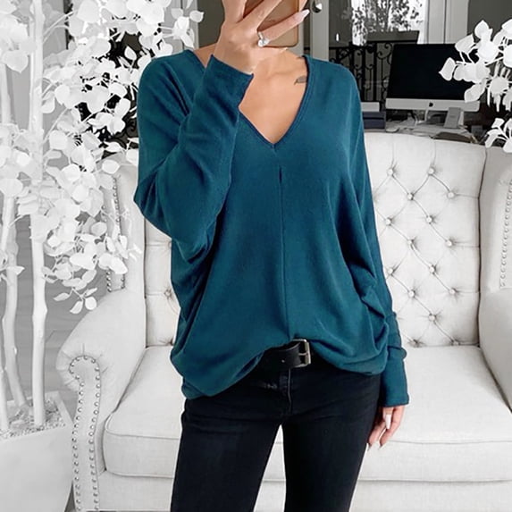 Tbopshirt Womens Top Women Fashion Casual Solid V-Neck Loose Long Sleeve T-shirt Top Blouse Pullover