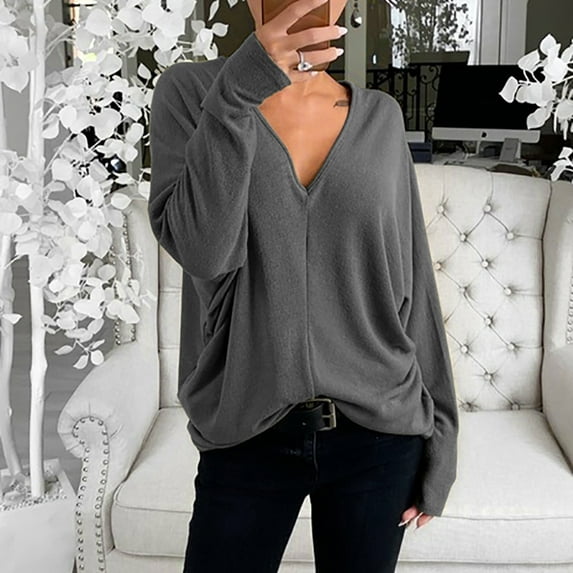 Tbopshirt Womens Top Women Fashion Casual Solid V-Neck Loose Long Sleeve T-shirt Top Blouse Pullover