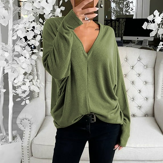 Tbopshirt Womens Top Women Fashion Casual Solid V-Neck Loose Long Sleeve T-shirt Top Blouse Pullover
