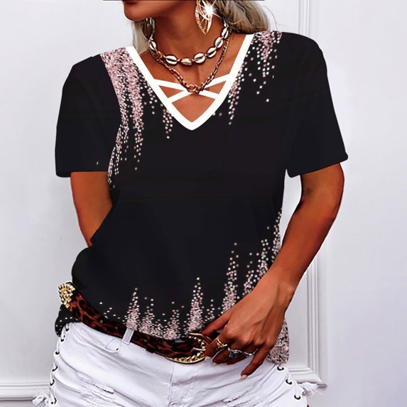 Tbopshirt Womens Top Women V-Neck Print Tees Short Sleeve T Shirt Blouse Loose Tops Short Sleeve V-Neck Blouses & Shirts