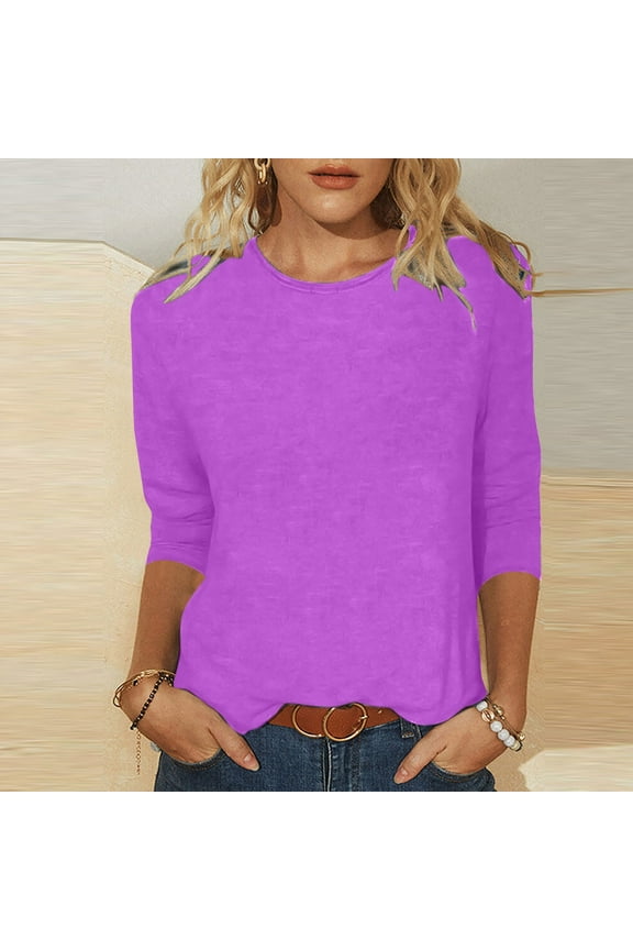 Womens Top Women's Fashion Solid T-shirt Mid-length 3/4 Sleeves Blouse Round Neck Casual Tops