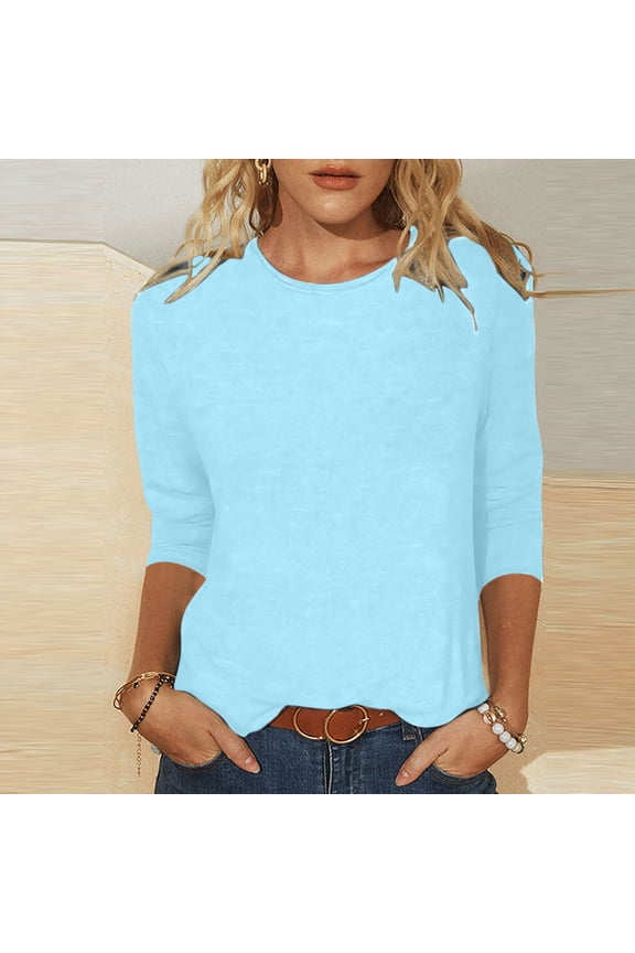 Womens Top Women's Fashion Solid T-shirt Mid-length 3/4 Sleeves Blouse Round Neck Casual Tops