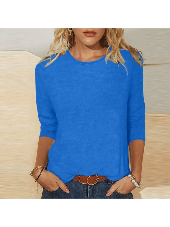 Womens Top Women's Fashion Solid T-shirt Mid-length 3/4 Sleeves Blouse Round Neck Casual Tops