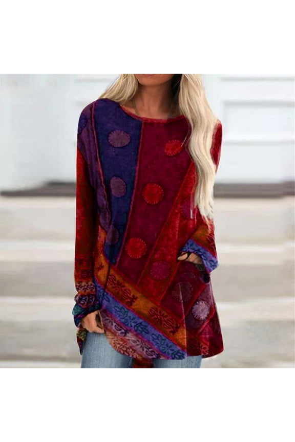 Womens Top Women's Round-Neck Ethnic Style Print Casual Long Sleeve Plus Size Fashion Top