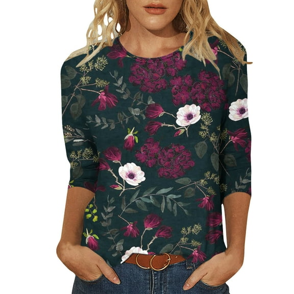 Womens Top Crewneck 3/4 Sleeve T Shirts Floral Tshirt, Fashion Blouses Graphic Tees Daily Wear