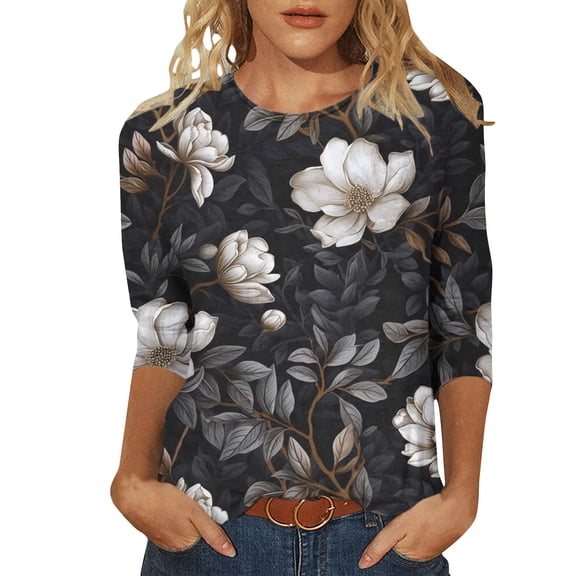 Womens Top Crewneck 3/4 Sleeve T Shirts Floral Tshirt, Fashion Blouses Graphic Tees Daily Wear