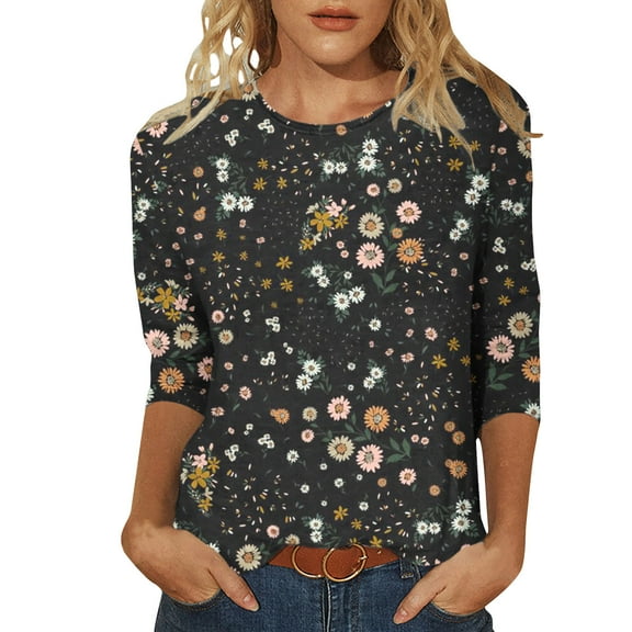 Womens Top Crewneck 3/4 Sleeve T Shirts Floral Tshirt, Fashion Blouses Graphic Tees Daily Wear