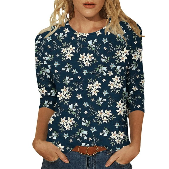 Womens Top Crewneck 3/4 Sleeve T Shirts Floral Tshirt, Fashion Blouses Graphic Tees Daily Wear