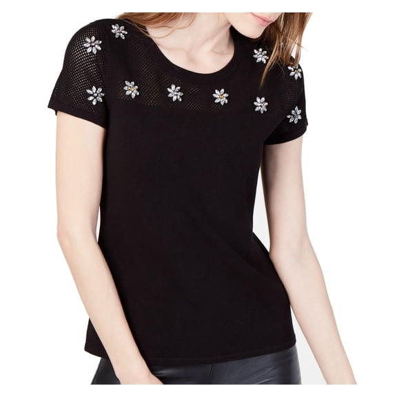 Womens Top Deep Embellished Illusion Knit Short Sleeve XL