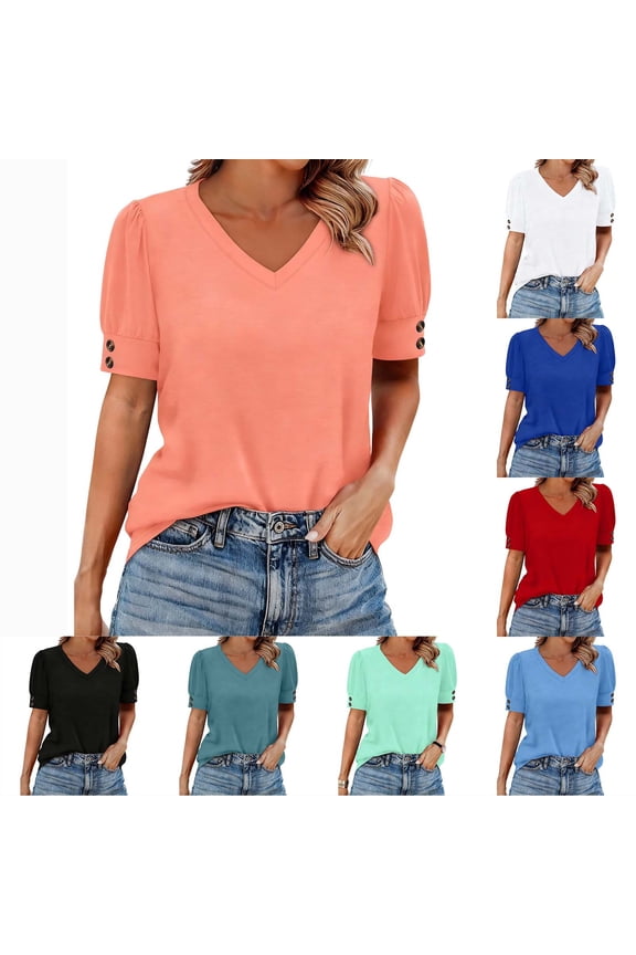 Womens Top Dressy Blouses for Women Women's Fashion Spring/Summer Clothing Solid Color Base T-shirt Button Short Sleeve V-neck Top/Shirt Red M