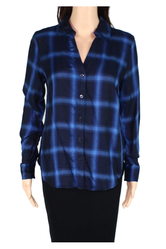 Womens Top Navy Button Down Shirt Plaid Long Sleeve XS