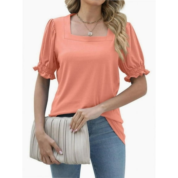 Womens Top Square Neck Ruffled Cuffs Sleeve Casual Loose Blouse T Shirts