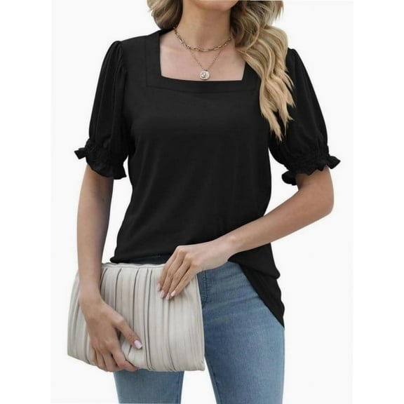 Womens Top Square Neck Ruffled Cuffs Sleeve Casual Loose Blouse T Shirts