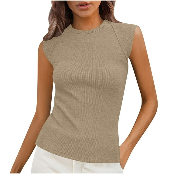 Womens Top Womens Tank Women's Solid Color Round Neck Cover Strip Casual Blouse Khaki M