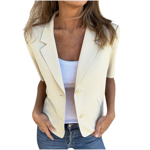 Womens Tops Under $10 - Short Sleeve Blazer For Women Lightweight Business Casual Fashion Suit 2026 Summer Lapel Open Front Work Office Jacket Beige XXL