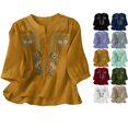 thumbnail image 1 of Womens Tops 100% Cotton Embroidered 3/4 Sleeve Boho Lightweight Tunic with Button Front, 1 of 6
